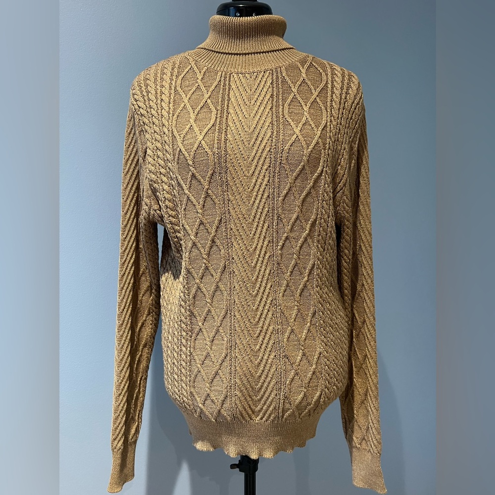 Cherie Colette Cable Knit Sweater Tan Metallic Shimmer Long Sleeve
